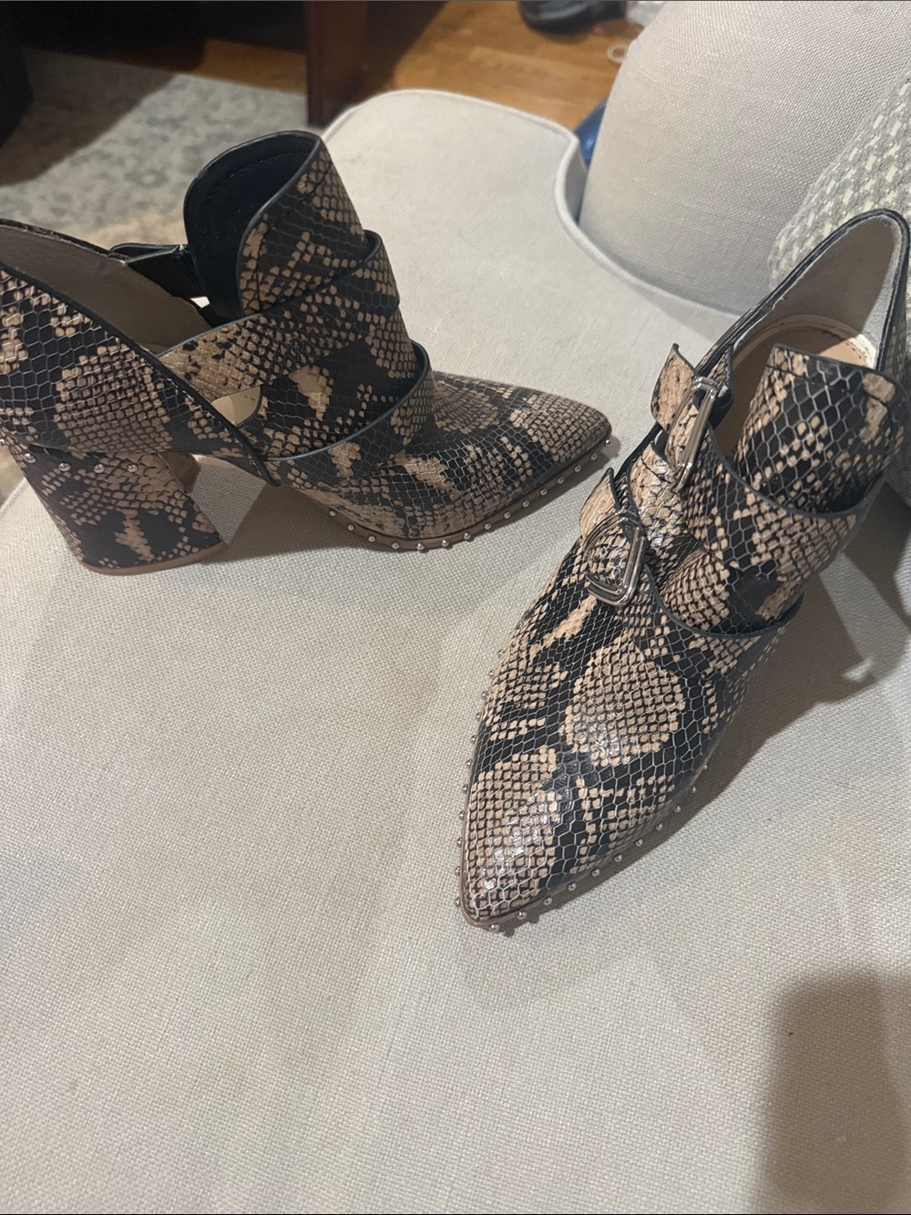 Gianni Bini Tan & Black Snake-Print Pointed Toe Ankle Booties